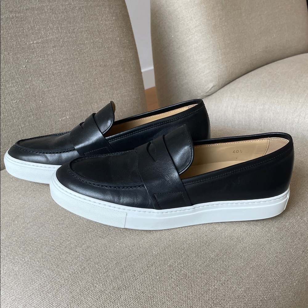 Scarosso Black Leather Slip-On Penny Loafers with White Platform Sole